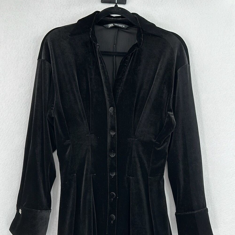 Zara Black Velvet V Neck Long Sleeve Pleated Button Front Shirt Dress Size XS - Picture 6 of 8